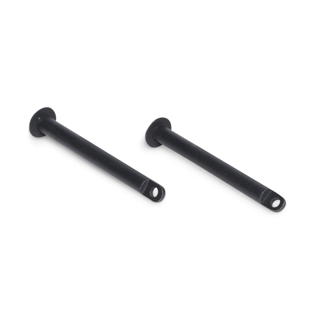 Two Bells of Steel Standard Band Pegs—black metal with flared heads and holes at the ends—for use with resistance bands or a power rack, shown on a white background.