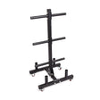 The Bells of Steel Bumper Plate Weight Tree And Bar Holder, shown on a white background, features a black metal frame with multiple horizontal pegs for weight plate storage, vertical supports, four wheels for mobility, and practical bar storage—ideal for any gym.