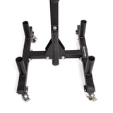 The Bells of Steel Bumper Plate Weight Tree And Bar Holder features four vertical posts for plate storage, caster wheels at each corner, a central handle, and a "BUILD STRENGTH" label on one arm, shown on a white background.