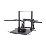 Studio shot of the Bells of Steel Belt Squat Machine in black metal, perfect for home gyms. It includes handles, a platform, and features chains and pulleys for lower body strength training, all against a white background.
