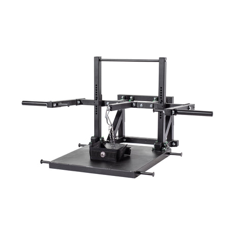 Studio shot of the Bells of Steel Belt Squat Machine in black metal, perfect for home gyms. It includes handles, a platform, and features chains and pulleys for lower body strength training, all against a white background.