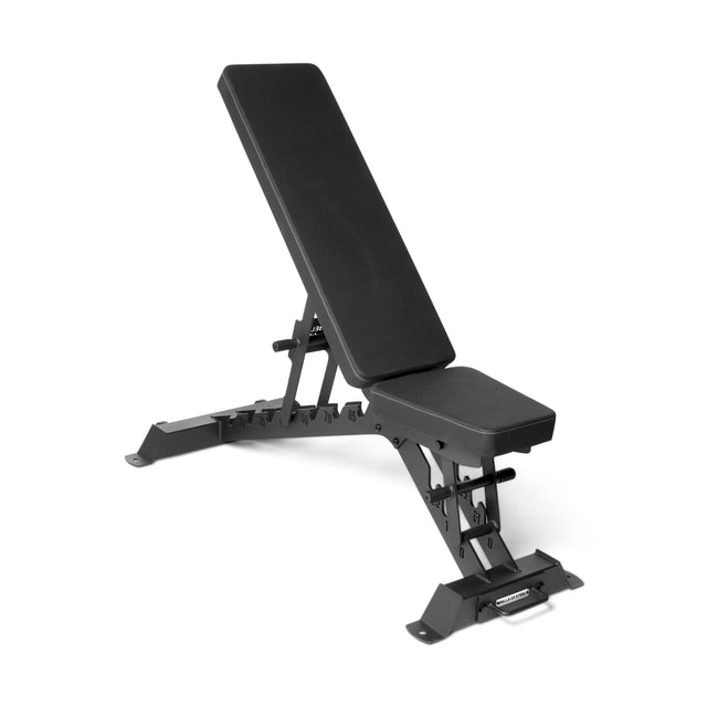 The Buzz-Saw Heavy-Duty Adjustable Bench by Bells of Steel features a black premium vinyl padded seat and backrest, plus a sturdy metal frame for stability. Supports multiple incline and flat positions—perfect for strength training.