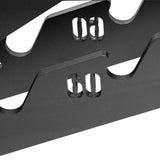 Close-up of two black metal racks on the Buzz-Saw Heavy-Duty Adjustable Bench by Bells of Steel, with cutout numbers "60" and "90" visible as size or position markers.