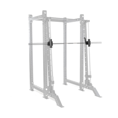 The Bells of Steel Smith Machine Rack Attachment is mounted on a 3x3 rack shown in faded gray, while the attachment, barbell, and clamp collars appear solid black to highlight this versatile power rack accessory.