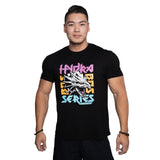 A man with short hair confidently poses facing forward in a Bells of Steel Bamboo T-Shirt featuring sweat-wicking fabric, colorful "HYDRA BEAST SERIES" text, and a roaring hydra head graphic, set against a white background.
