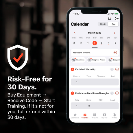 A smartphone shows a March 2026 workout calendar app. Left text: "Risk-Free for 30 Days. Try Bells of Steel Online Coaching—get a full refund within 30 days if it’s not right for you." A shield with a checkmark appears above.
