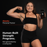 A woman in athletic wear flexes her arm, showing the Bells of Steel Training App on her phone. Text: "Aleesha, Personal Trainer. Human-Built Programs by Bells of Steel for your home gym—not computer generated.