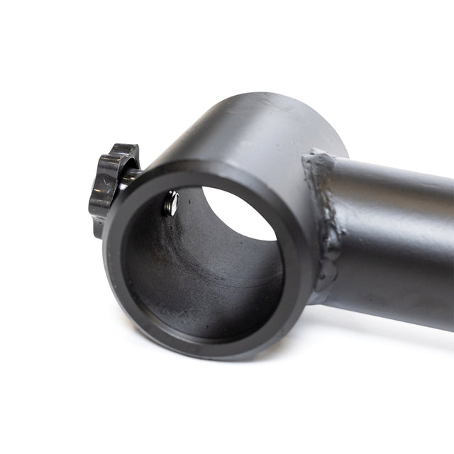 Close-up view of a black metal tube with an open end and adjustment knob—perfect as the Bells of Steel Camber Bar Attachment - Pair for Olympic barbells.