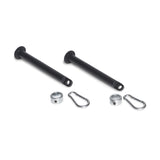 The Bells of Steel Band Pegs with Carabiners set includes two black metal pegs, two silver collars, and two carabiner clips—ideal accessories for resistance bands or enhancing your power rack setup.