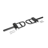 Two black metal handles with grip sections and brackets, each with a cylindrical sleeve and two holes—perfect as the Bells of Steel Lever Arms Rack Attachment. Four metal pins are shown beside them on a plain white background.