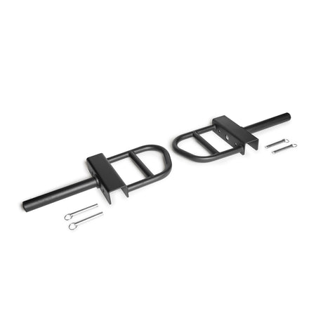 Two black metal handles with grip sections and brackets, each with a cylindrical sleeve and two holes—perfect as the Bells of Steel Lever Arms Rack Attachment. Four metal pins are shown beside them on a plain white background.