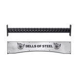 The Bells of Steel Logo Plate Crossmembers attach to a Hydra power rack and feature a separate silver plate displaying the brand logo with illustrated dog heads on each side.