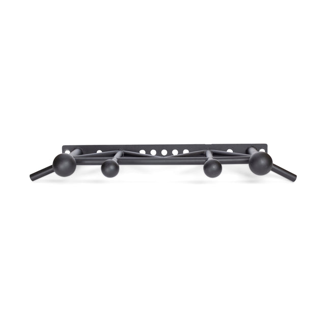 The Bells of Steel Globe Pull Up Bar is a black metal pull-up bar with multiple grips and Globe Grip round ends, mounted on a rectangular wall plate with installation holes—ideal for versatile strength training.