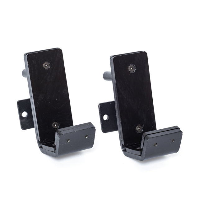 Two black Bells of Steel Standard J-Cups, featuring rectangular backplates and small support arms, are displayed side by side on a white background.