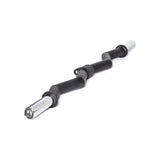 A black Fat Bar—Olympic Curl Bar Cable Attachment by Bells of Steel, featuring silver-colored ends and multiple lobes for enhanced robustness and grip strength, is placed diagonally on a white background, resembling an EZ curl bar.