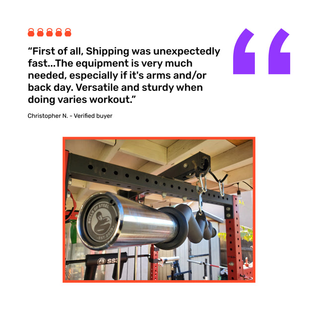 A customer praises fast shipping and the versatile Bells of Steel Fat Bar - Olympic Curl Bar Cable Attachment; a photo below shows it with attachments on a red weight rack in an outdoor gym.