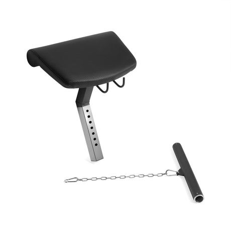 An adjustable black upholstered preacher curl attachment pad for the Bells of Steel Legacy Leg Extension / Hamstring Curl Machine - Plate Loaded, featuring a metal post and a separate handle connected by a short chain.