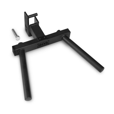 Bells of Steel Y Dip Bar Rack Attachment, a black metal dip bar with two parallel handles, a mounting bracket, and a single attachment pin for a power rack.