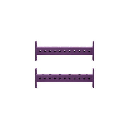 Two horizontal Hydra Crossmembers by Bells of Steel, made of purple metal with evenly spaced holes, are positioned parallel to each other on a white background.