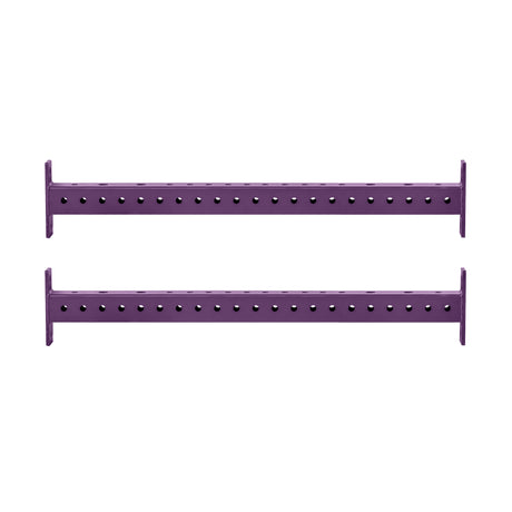 Two identical Bells of Steel Hydra Crossmembers in purple metal, featuring evenly spaced holes, are aligned horizontally and parallel to each other on a white background.