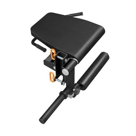 Bells of Steel Leg Curl / Leg Extension Rack Attachment featuring a black padded seat, adjustable rollers, and orange locking pins.