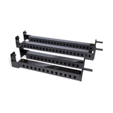 Three black adjustable Flip-Down Safeties by Bells of Steel, made of metal with multiple circular holes and side mounts, each featuring a cylindrical extension rod at one end, are laid out parallel on a white background.