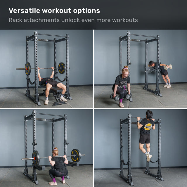 Four photos show people using the Bells of Steel Manticore Flat Foot Power Rack - Prebuilt (3" x 3", 1" Holes) for various exercises: bench press, dumbbell squats, barbell squats, and pull-ups. The text above reads, “Versatile workout options. Rack attachments unlock even more workouts,” highlighting why this power rack is an excellent addition to any home gym.