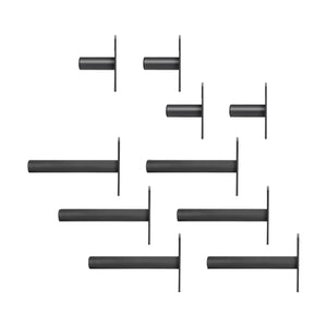 Ten Bells of Steel Bolt-On Plate Peg Sets of different lengths are displayed in two uneven rows on a white background, each peg set oriented horizontally with the mounting plate on the left, resembling power rack weight storage pegs.