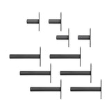 Bells of Steel Bolt-On Plate Peg Sets are black metal wall brackets with identical cylindrical designs and varying lengths, each featuring a flat vertical mounting plate at one end, shown neatly arranged on a white background.