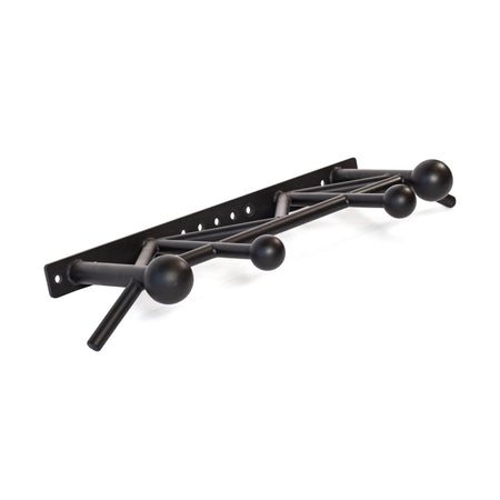 The Bells of Steel Globe Pull Up Bar is a modern black steel wall-mounted rack with five spherical hooks in different sizes along an angled bar and a flat rectangular backplate with screw holes for durability and easy installation.