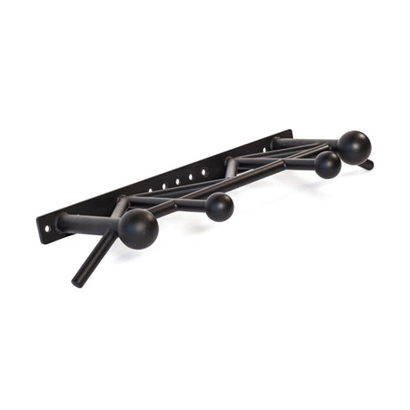 The Bells of Steel Globe Pull Up Bar is a modern black steel wall-mounted rack with five spherical hooks in different sizes along an angled bar and a flat rectangular backplate with screw holes for durability and easy installation.