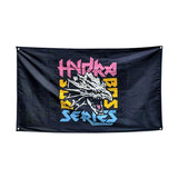 The Bells of Steel Flags feature a black background with a striking white dragon head at the center, mouth open. "Hydra Series" in pink, yellow, and blue sits above and below; "Rise of the Elite" appears beneath. Ideal for gym decor.