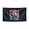The Bells of Steel Flags feature a black background with a striking white dragon head at the center, mouth open. "Hydra Series" in pink, yellow, and blue sits above and below; "Rise of the Elite" appears beneath. Ideal for gym decor.