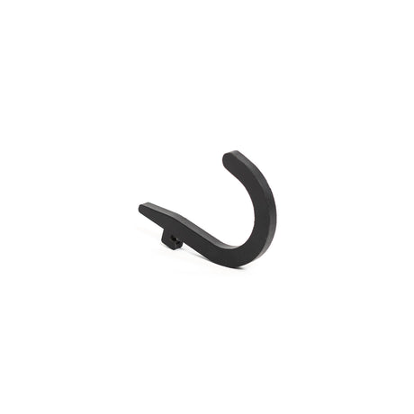 The Bells of Steel Utility Hook is a black, curved metal hook with a flat base, ideal for gym storage or organizing cable attachments, shown against a white background.