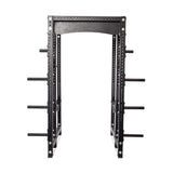 The Bells of Steel Hydra Six Post Power Rack - Prebuilt (3" x 3", ⅝" Holes) is a black metal power rack with multiple weight plate storage pegs, ideal for weightlifting and home gyms, shown against a plain white background.