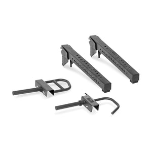 Two black Bells of Steel Lever Arms Rack Attachments, each with multiple adjustment holes and included space-saving attachments, designed for gym equipment setups, displayed on a white background.