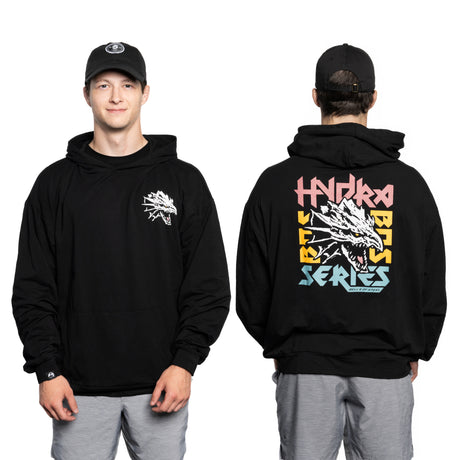 A man wears a black Bells of Steel Bamboo Hoodie and black cap, shown front and back. The hoodie features a white dragon on the chest and a large, colorful “Hydra Bass Series” graphic on the back.