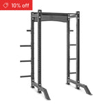 The Bells of Steel Hydra Collegiate Power Rack Builder (3" x 3", ⅝" Holes) with weight plate holders stands on a white background. A red "10% off" label appears in the top left corner.
