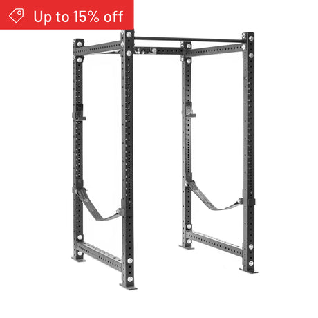 The Bells of Steel Hydra Four Post Power Rack Builder (3" x 3", ⅝" Holes) stands against a white background, ideal for home gyms. A red banner in the top left corner announces "Up to 15% off.