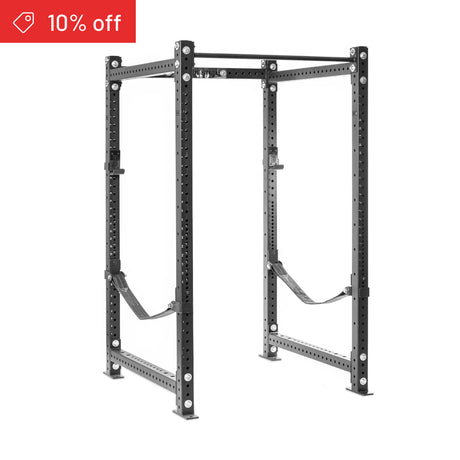 The Bells of Steel Hydra Four Post Power Rack Builder (3" x 3", ⅝" Holes), a black metal squat rack with adjustable safety straps, stands on a white background. A red banner in the top left corner says "10% off.