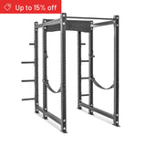 The Bells of Steel Hydra Six Post Power Rack Builder (3" x 3", ⅝" holes) with weight plate storage is displayed on a white background. A red banner in the top left corner shows "Up to 15% off" with a tag icon.