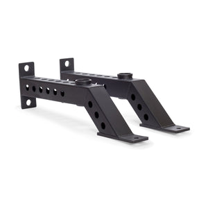 Two black metal Front Foot Stabilizers by Bells of Steel, angled with multiple holes for adjustable mounting, are shown side by side on a white background.