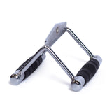 A close-up of the Bells of Steel Double D Handle Cable Attachment, featuring chrome plating and black rubber grips, ideal for seated row or lat pulldown exercises on cable machines.