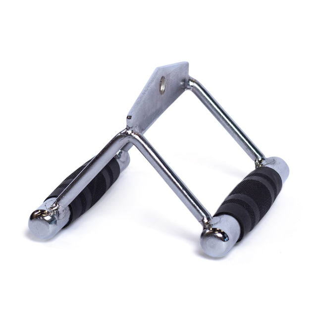 A close-up of the Bells of Steel Double D Handle Cable Attachment, featuring chrome plating and black rubber grips, ideal for seated row or lat pulldown exercises on cable machines.