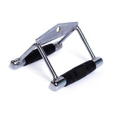 A close-up of the Bells of Steel Double D Handle Cable Attachment featuring metal construction and black rubber grips, designed for gym exercises like seated rows or cable workouts, shown against a white background.