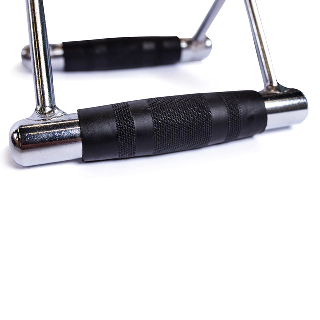 Close-up of the Bells of Steel Double D Handle Cable Attachment featuring a textured black rubber grip, designed for cable machines in gyms, shown on a white background.