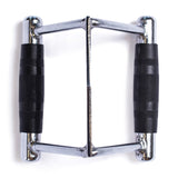 A close-up of the Bells of Steel Double D Handle Cable Attachment, featuring black rubber grips and a durable metal build, designed for exercises like lat pulldowns. Photographed against a white background.