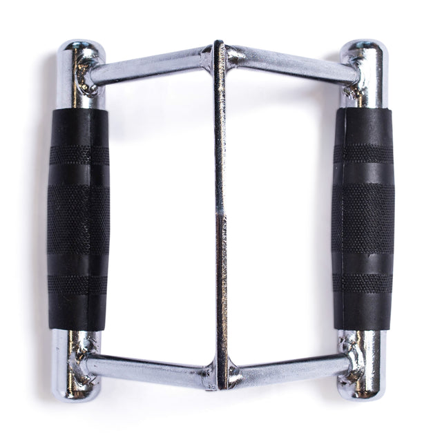 A close-up of the Bells of Steel Double D Handle Cable Attachment, featuring black rubber grips and a durable metal build, designed for exercises like lat pulldowns. Photographed against a white background.