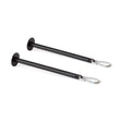 Two Bells of Steel Band Pegs with Carabiners, featuring round flat bases on one end and sturdy carabiner clips on the other, are displayed parallel to each other on a white background, ideal for use with resistance bands or a power rack.