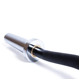 A close-up of the end of a Bells of Steel EZ Curl Bar (45") on a white background, showcasing its textured grip and smooth sleeve—perfect for targeted biceps and triceps workouts.